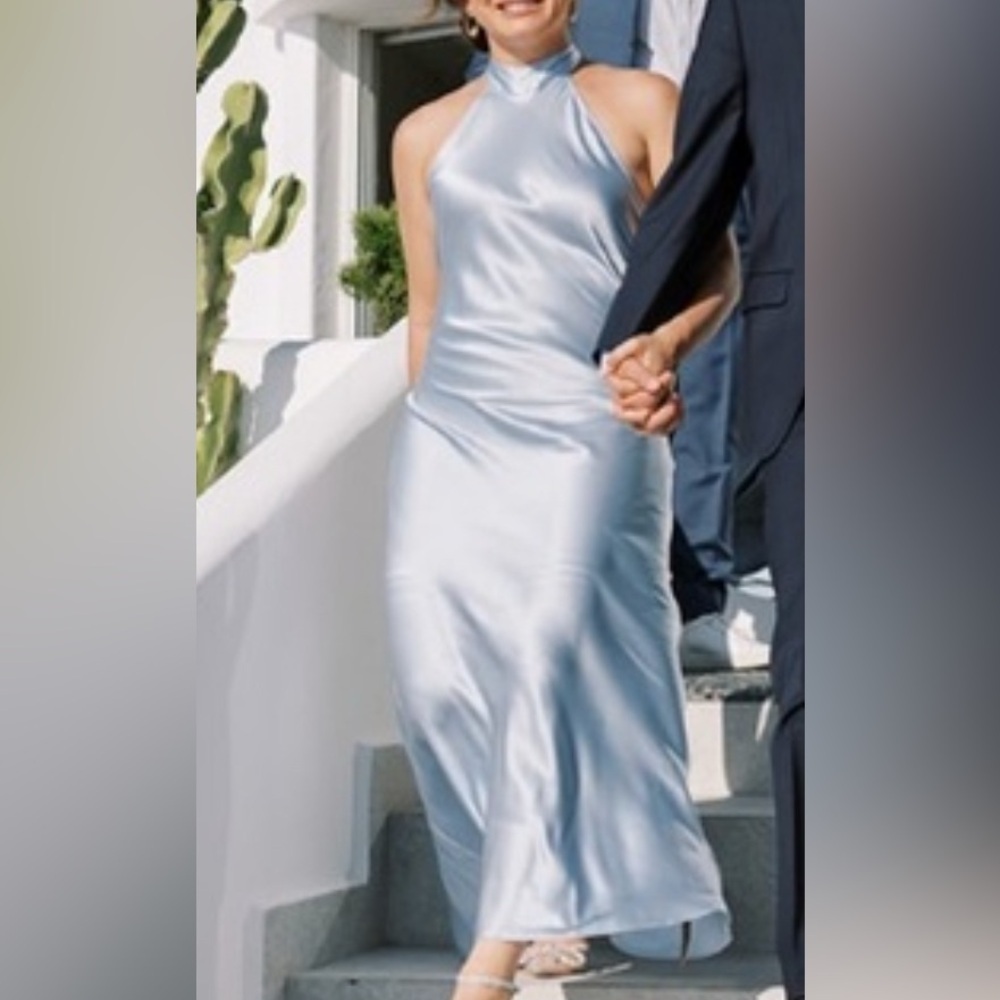 Gentle Herd Silk Maxi Dress Bow-Tie Halterneck Baby Blue Size Small